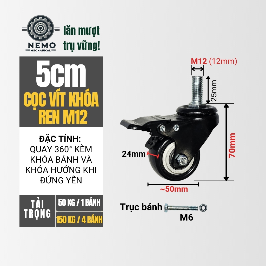 Bánh xe đẩy hàng đen trắng, loại cọc vít, có bạc đạn, đường kính bánh 4cm và 5cm, 40-50kg/1bánh